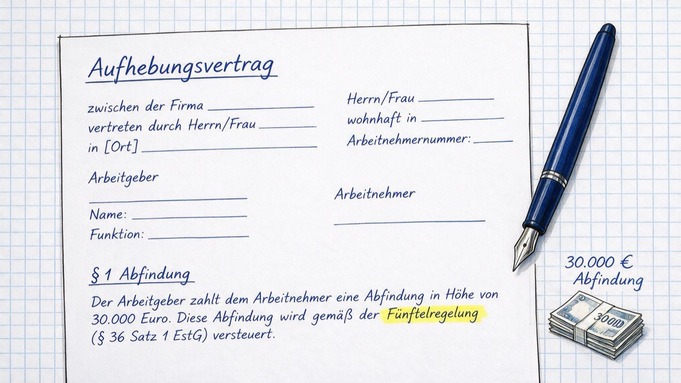 Matheheft-Illustration: Aufhebungsvertrag mit Füller und Geldscheinbündel in blauer Tinte auf kariertem Papier, handschriftlich 30.000 € Abfindung notiert und gelb markiert Fünftelregelung