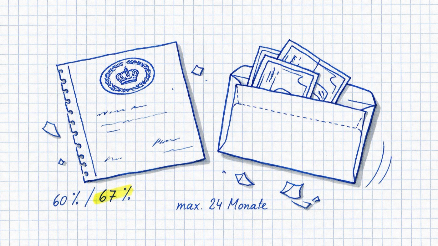 Matheheft-Illustration: Amtlicher Briefumschlag mit Bescheid und Geldscheinen in blauer Tinte auf Karopapier, handschriftlich 60 % / 67 % vom Netto notiert, gelb markiert max. 24 Monate