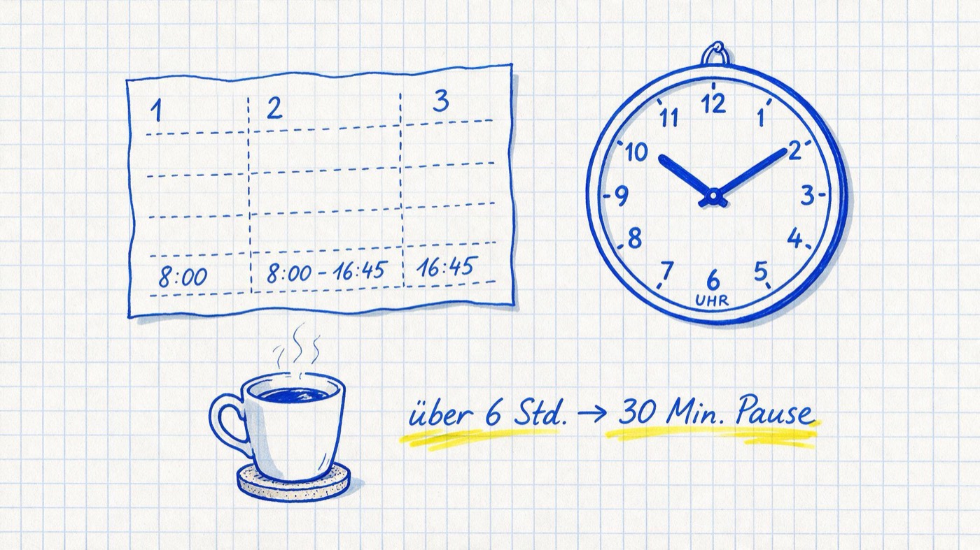 Matheheft-Illustration: Wanduhr, Stundenzettel und Kaffeetasse mit den Notizen 8:00-16:45 und gelb markiert über 6 Std. → 30 Min. Pause
