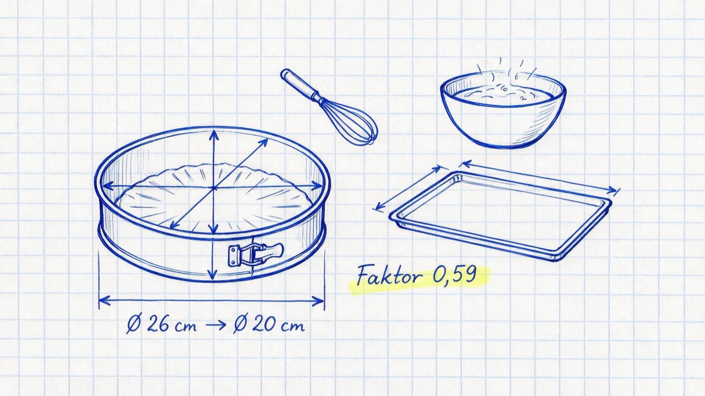 Matheheft-Illustration: runde Springform und eckiges Backblech mit Maßpfeilen, Schneebesen und Rührschüssel, Notizen „Faktor 0,59“ (gelb markiert) und „Ø 26 cm → Ø 20 cm“