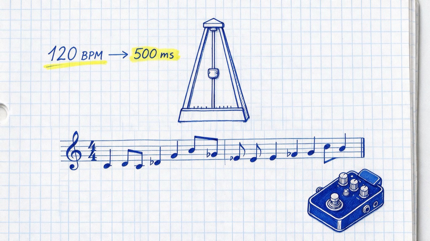 Matheheft-Illustration: Metronom neben Notenzeile mit Viertel- und Achtelnoten und kleinem Delay-Effektgerät, handschriftlich 120 BPM und gelb markiert 500 ms