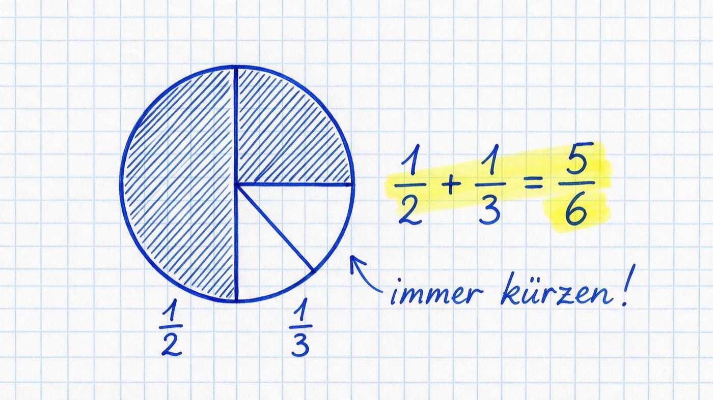 Matheheft-Illustration: Kuchen mit schraffierten Halb- und Drittelstücken neben untereinander notierten Brüchen, gelb markiert „1/2 + 1/3 = 5/6“ und die Notiz „immer kürzen!“