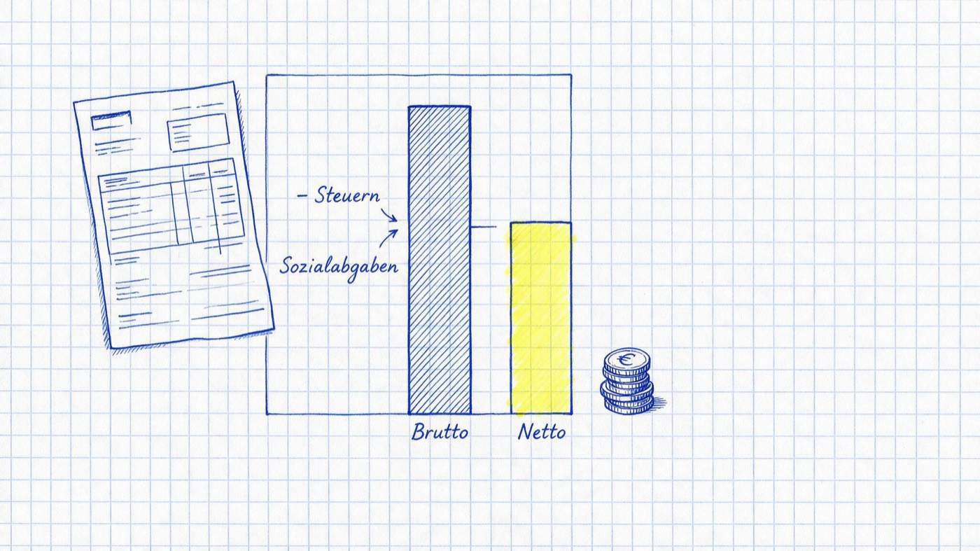 Matheheft-Illustration: Gehaltsabrechnung neben zwei Balken – hoher Brutto-Balken, gelb markierter Netto-Balken, mit Pfeilen zu Steuern und Sozialabgaben