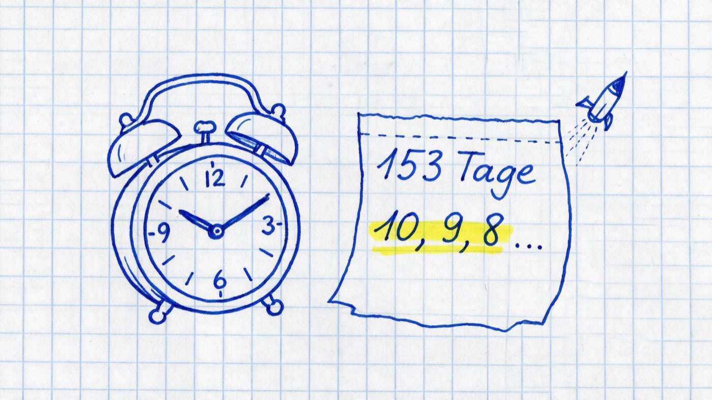 Matheheft-Illustration: Wecker neben einem Abreißkalender mit Raketen-Skizze, handschriftlich notiert 153 Tage und gelb markiert 10, 9, 8 …