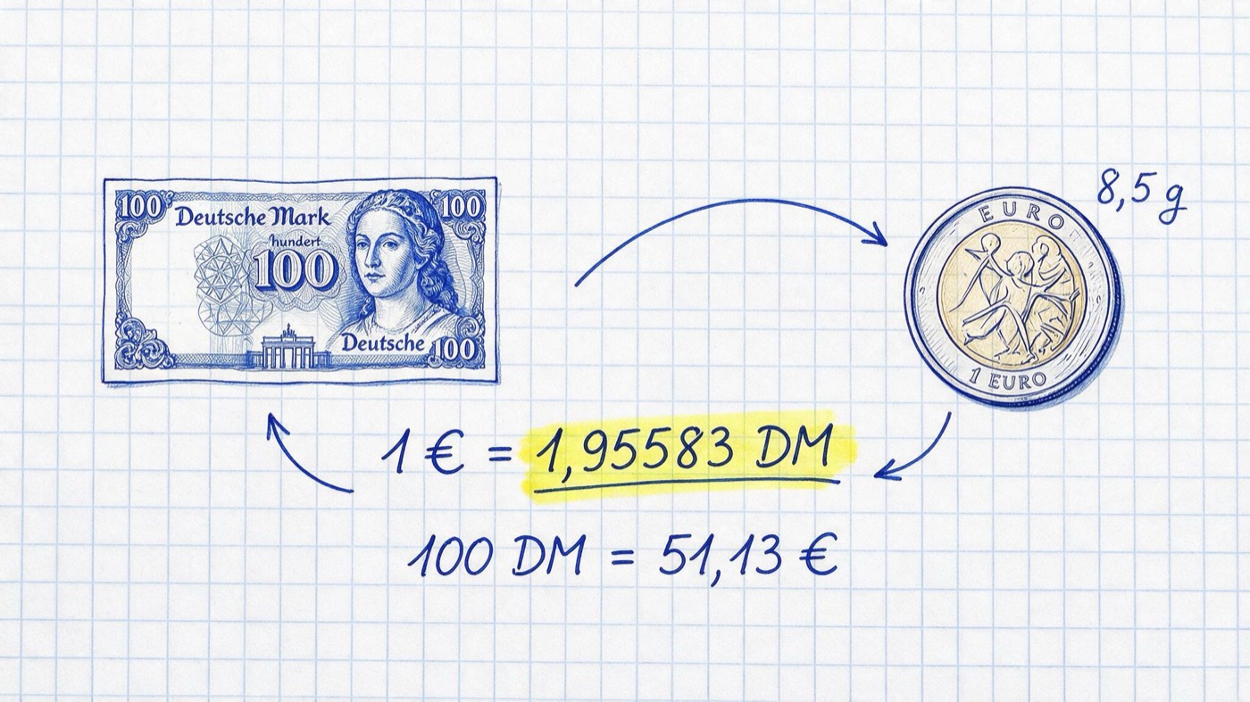 Matheheft-Illustration: D-Mark-Schein und Markstück neben Euro-Münze mit Tauschpfeilen, Notizen „1 € = 1,95583 DM“ (gelb markiert) und „100 DM = 51,13 €“