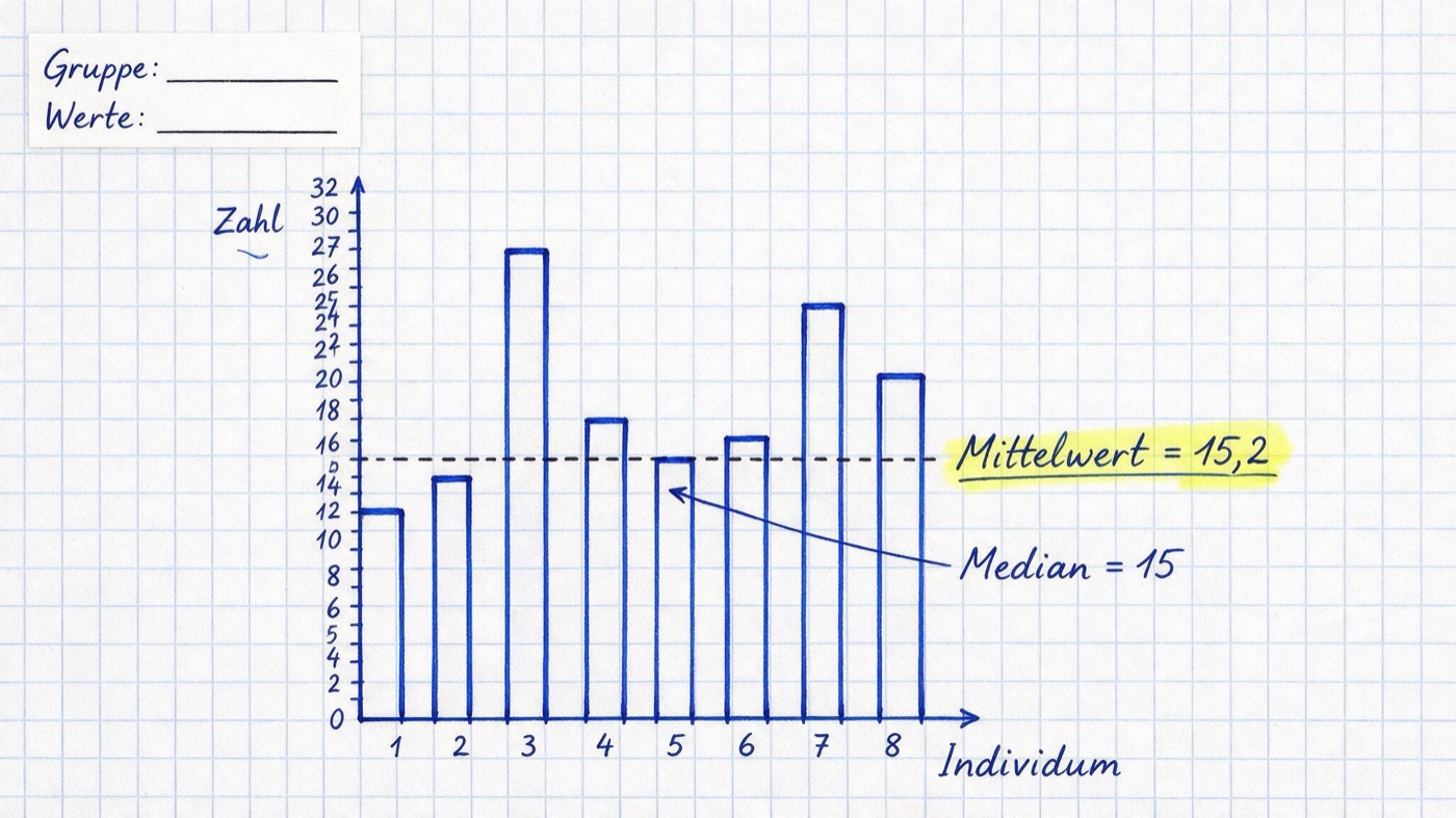 Matheheft-Illustration: Balkendiagramm mit gestrichelter Durchschnittslinie, gelb markiert „Mittelwert = 15,2“ und die Notiz „Median = 15“ am mittleren Balken