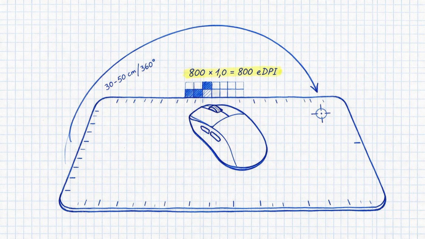 Matheheft-Illustration: Gaming-Maus auf Mauspad mit Bewegungspfeil, Fadenkreuz und den Notizen 30-50 cm/360° und gelb markiert 800 × 1,0 = 800 eDPI