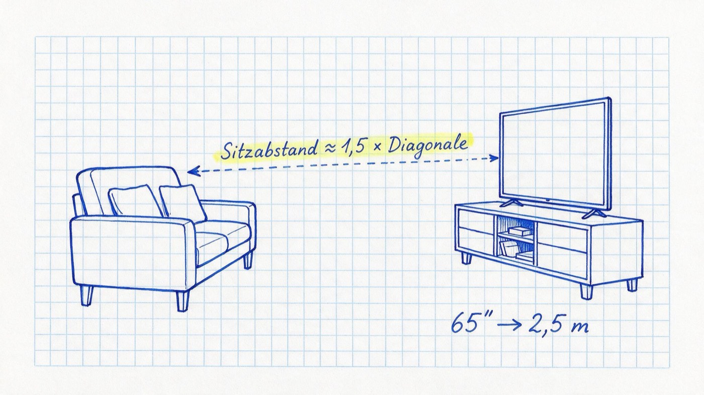 Matheheft-Illustration: Fernseher auf Sideboard und Sofa mit gestricheltem Abstandspfeil, Notizen „Sitzabstand ≈ 1,5 × Diagonale“ (gelb markiert) und „65″ → 2,5 m“