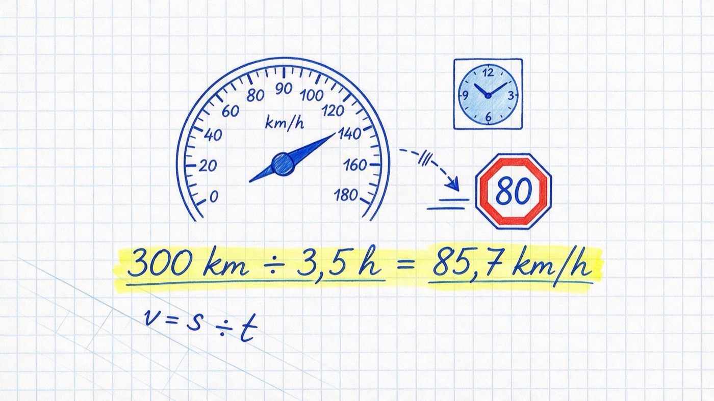 Matheheft-Illustration: Tacho, Verkehrsschild und Uhr mit gestricheltem Routenpfeil, Notizen „300 km ÷ 3,5 h = 85,7 km/h“ (gelb markiert) und „v = s ÷ t“