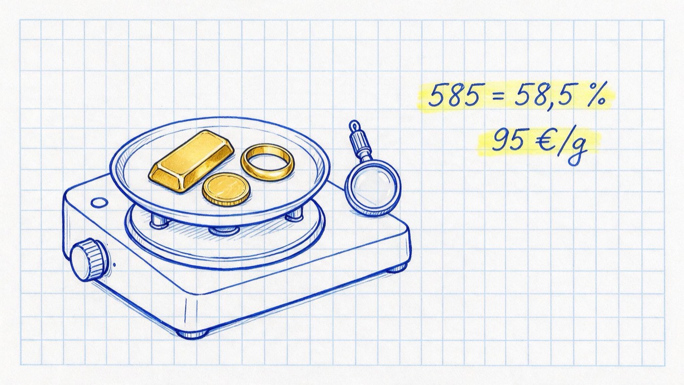Matheheft-Illustration: Goldbarren, Münze und Ring auf einer Feinwaage mit Punzierungs-Lupe, handschriftlich 585 = 58,5 % und gelb markiert 95 € pro Gramm