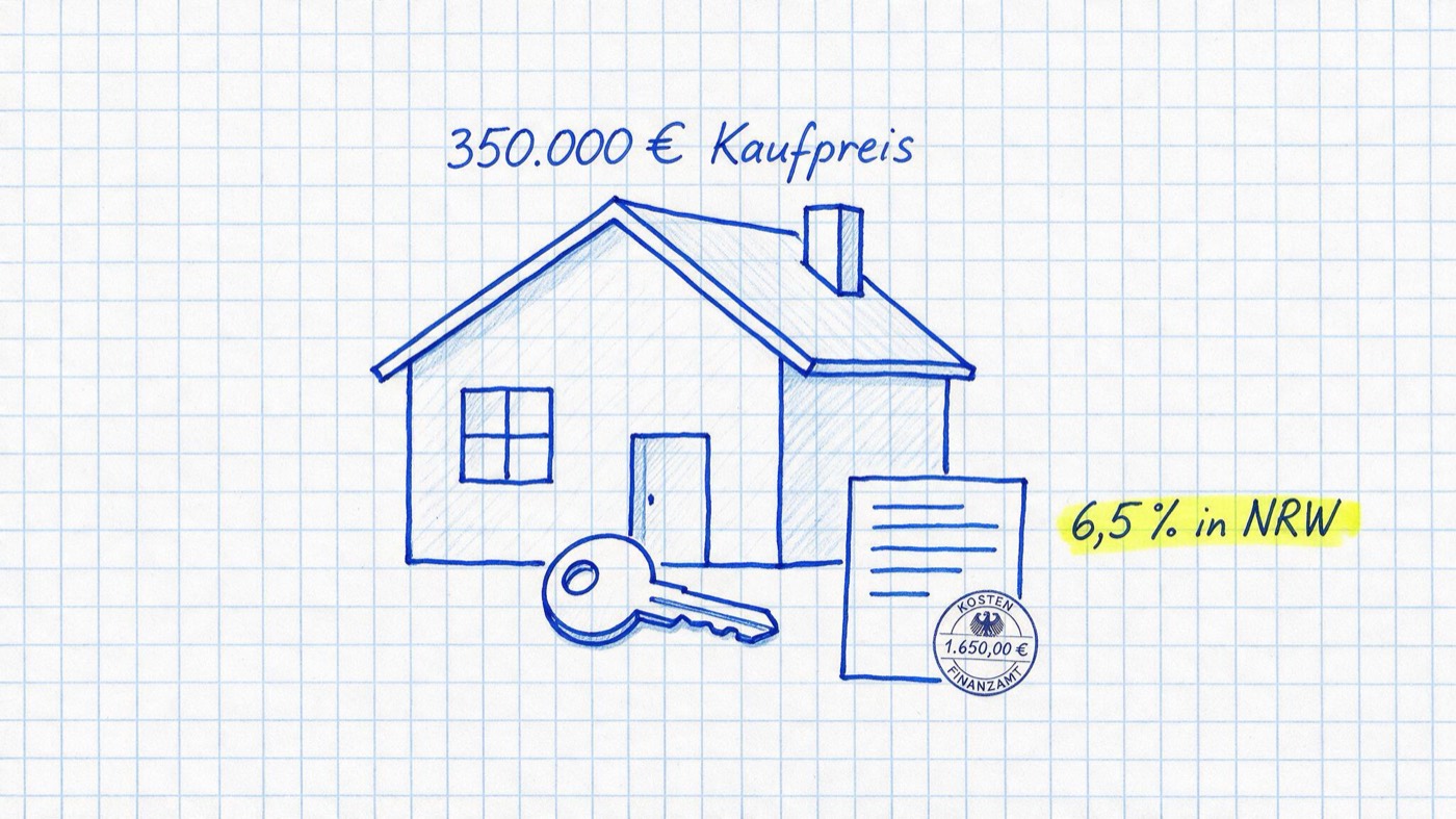 Matheheft-Illustration: Giebelhaus mit großem Schlüssel und Steuerbescheid in blauer Tinte auf kariertem Papier, handschriftlich 350.000 € Kaufpreis notiert und gelb markiert 6,5 % in NRW