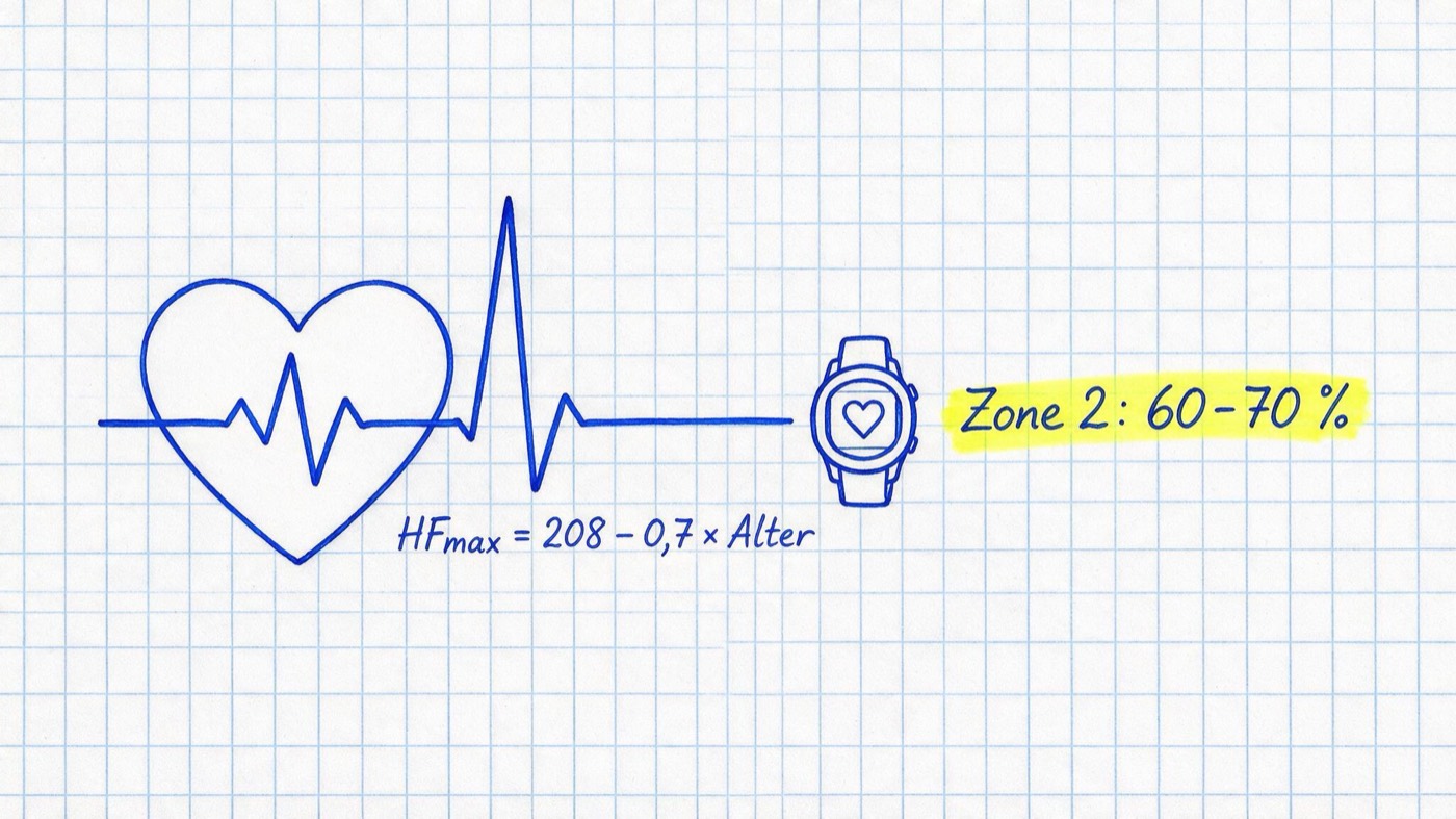 Matheheft-Illustration: Herz mit EKG-Linie und Sportuhr mit den Notizen HFmax = 208 − 0,7 × Alter und gelb markiert Zone 2: 60-70 %