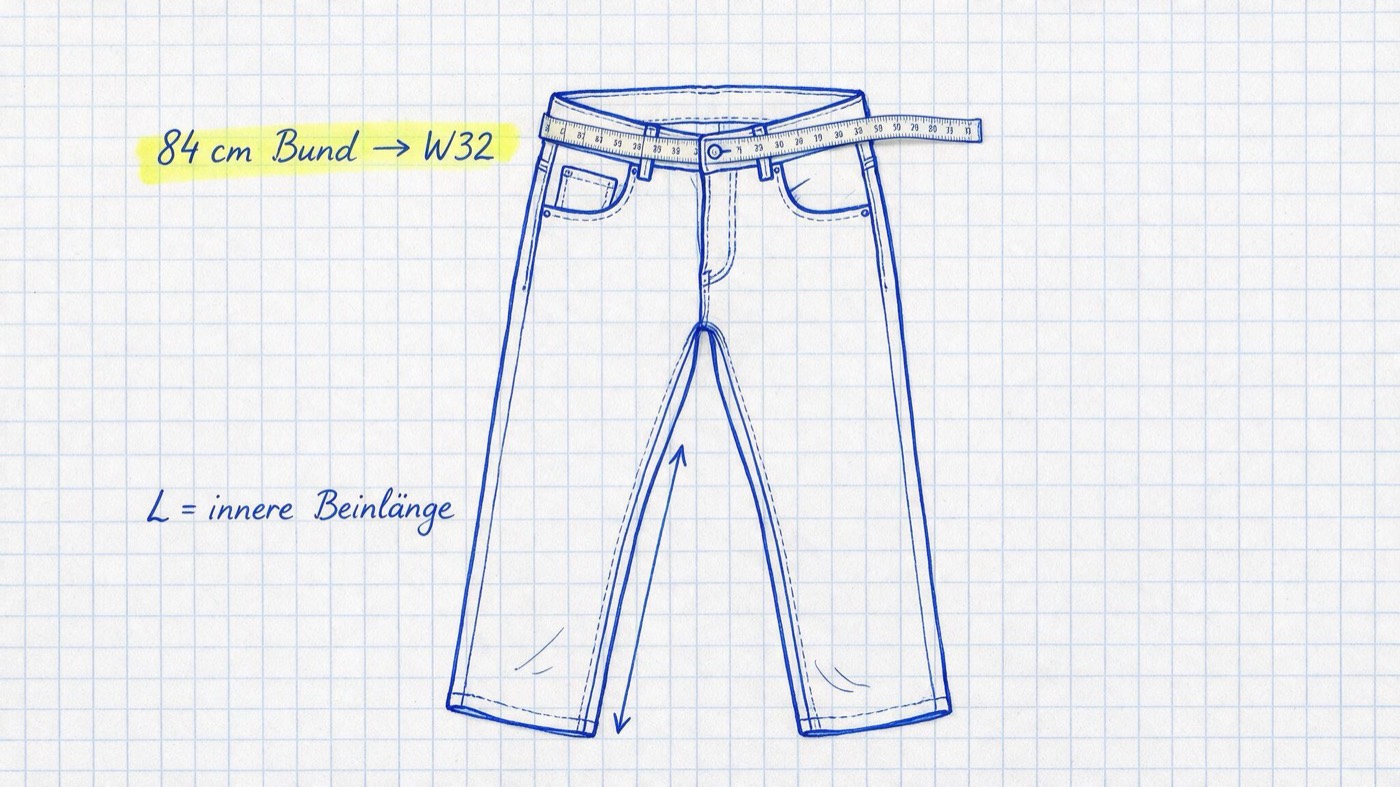Matheheft-Illustration: Flach liegende Jeans mit Maßband am Bund und Pfeil entlang der Innennaht, Notizen „84 cm Bund → W32“ (gelb markiert) und „L = innere Beinlänge“