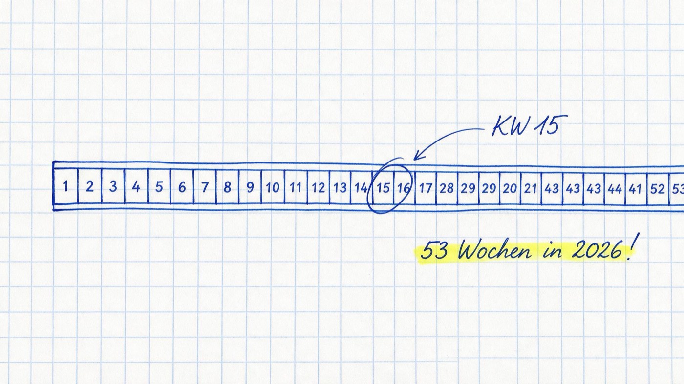 Matheheft-Illustration: Jahresplaner-Leiste mit nummerierten Wochen, eine Woche eingekreist mit der Notiz „KW 15“, dazu gelb markiert „53 Wochen in 2026!“