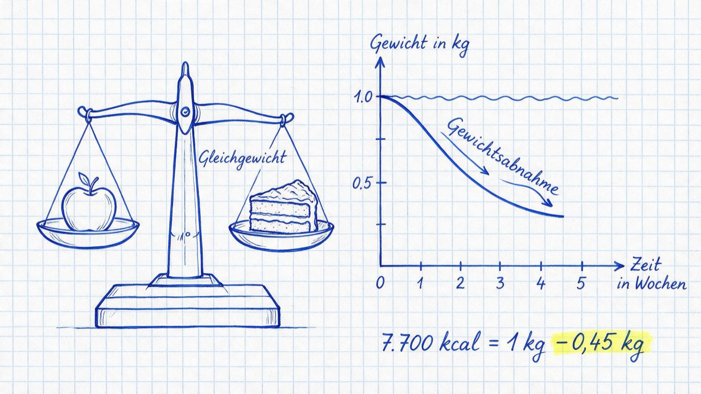 Matheheft-Illustration: Balkenwaage mit Apfel und Kuchenstück neben absteigender Gewichtskurve, handschriftlich 7.700 kcal = 1 kg und gelb markiert −0,45 kg pro Woche