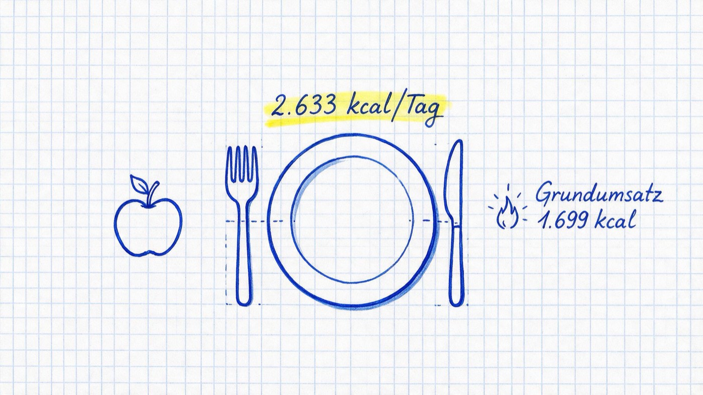Matheheft-Illustration: Teller mit Besteck, Apfel und Flammen-Symbol für den Stoffwechsel mit den Notizen Grundumsatz 1.699 kcal und gelb markiert 2.633 kcal/Tag