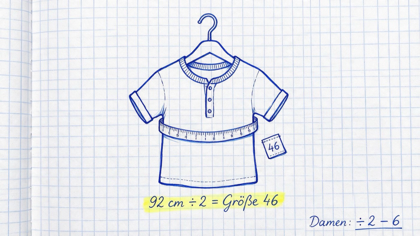 Matheheft-Illustration: Hemd auf Kleiderbügel mit Maßband um die Brustpartie und Größenetikett, Notizen „92 cm ÷ 2 = Größe 46“ (gelb markiert) und „Damen: ÷ 2 − 6“