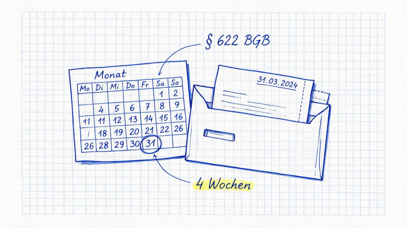 Matheheft-Illustration: Kalenderblatt mit eingekreistem Monatsletzten neben einem Kündigungsschreiben im Umschlag, handschriftlich § 622 BGB notiert und gelb markiert 4 Wochen