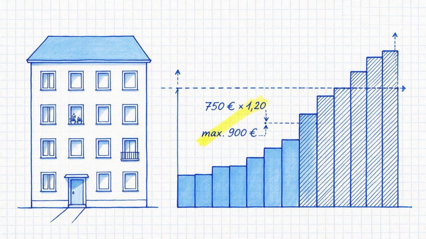 Matheheft-Illustration: Wohnhaus mit Treppendiagramm steigender Mieten und Deckel-Linie, handschriftlich 750 € × 1,20 und gelb markiert max. 900 €