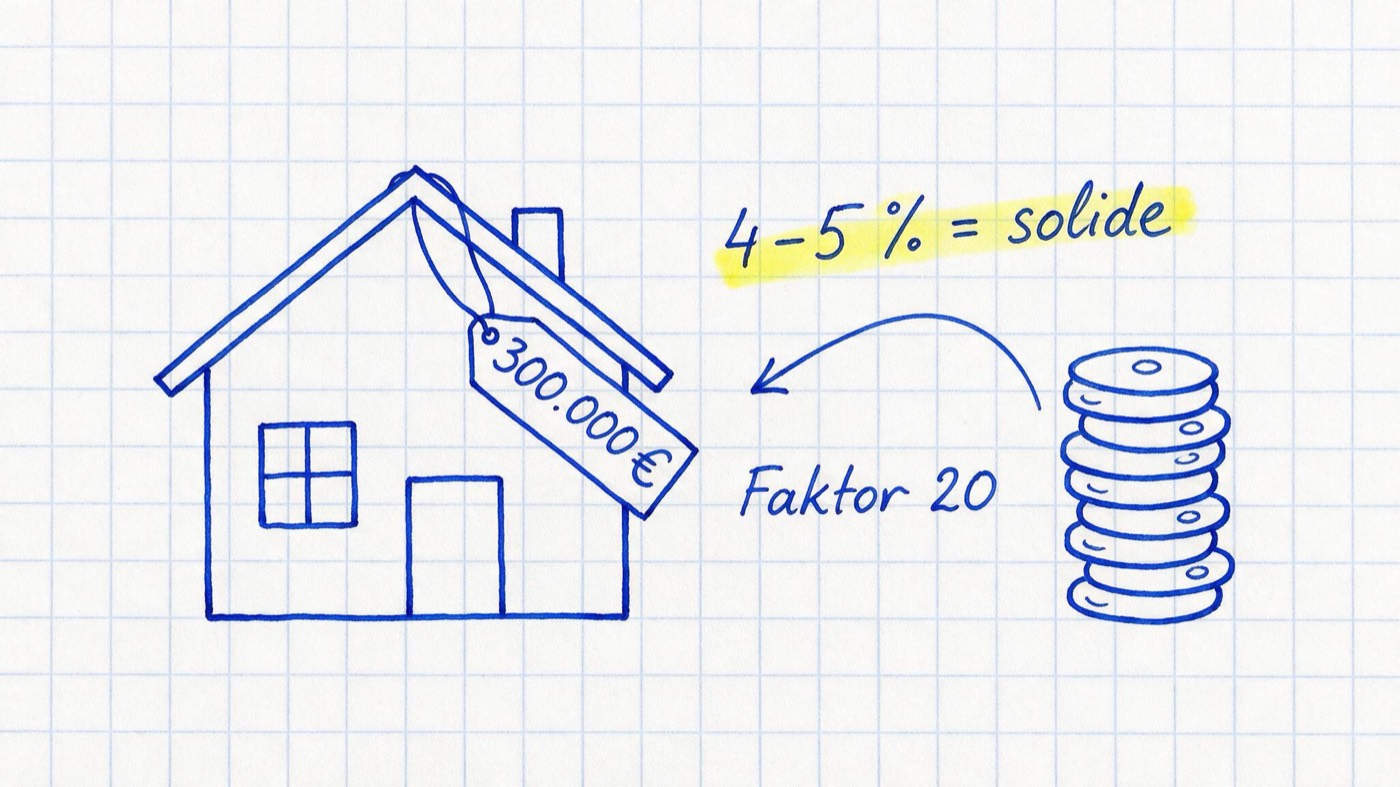 Matheheft-Illustration: Haus mit Preisschild 300.000 €, Münzstapel mit Pfeil zum Haus, Notizen „4–5 % = solide“ (gelb markiert) und „Faktor 20“