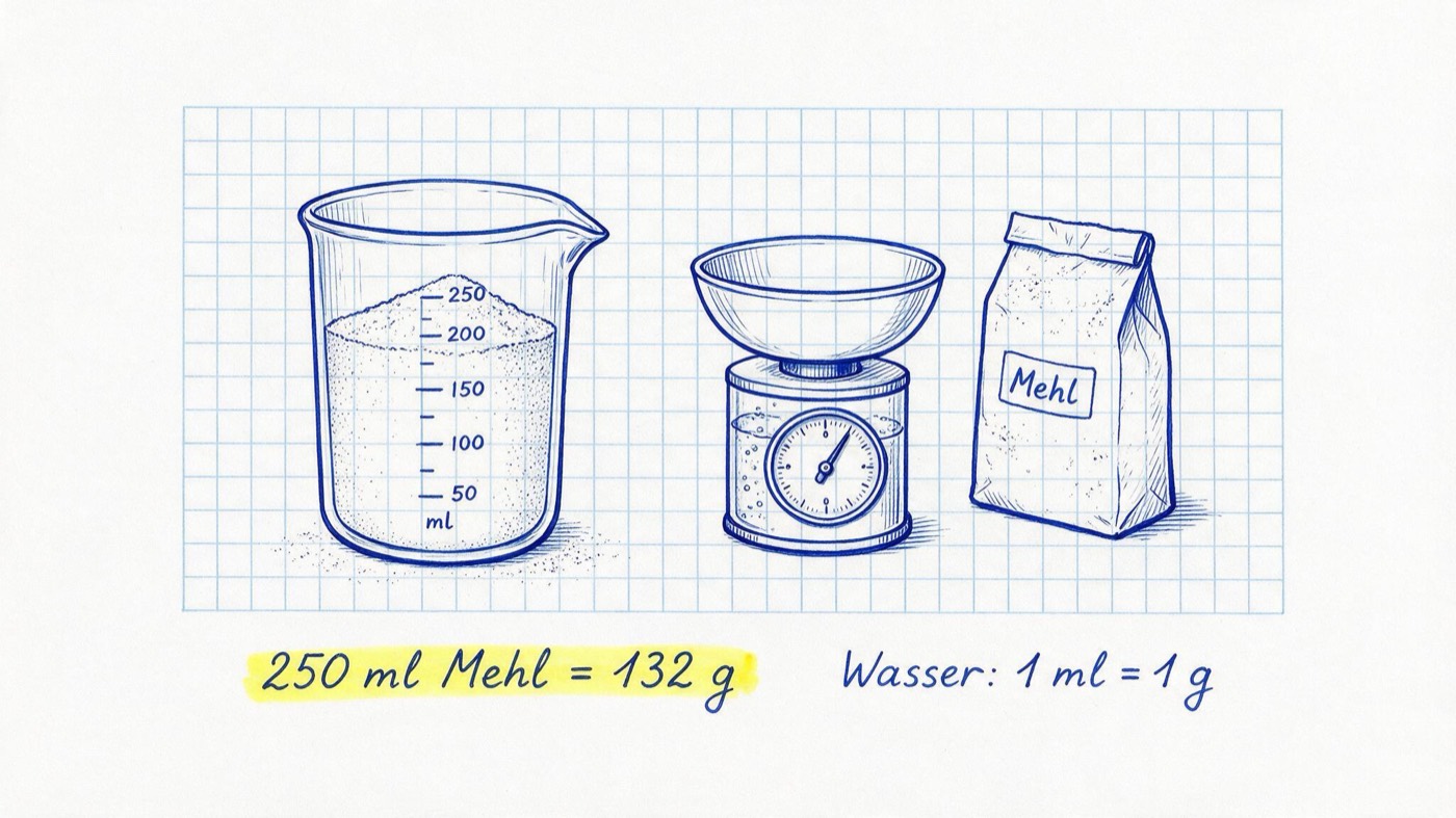 Matheheft-Illustration: Messbecher mit ml-Skala neben Küchenwaage und Mehltüte, Notizen „250 ml Mehl = 132 g“ (gelb markiert) und „Wasser: 1 ml = 1 g“