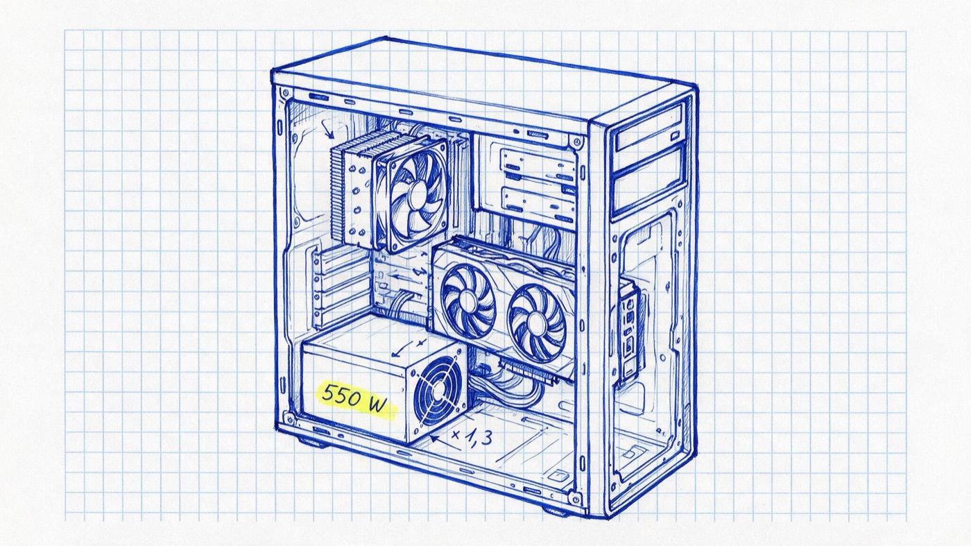 Matheheft-Illustration: geöffneter PC-Tower mit Netzteil, Grafikkarte und CPU-Kühler samt Watt-Pfeilen, Notizen „× 1,3 Reserve“ und „550 W“ (gelb markiert)