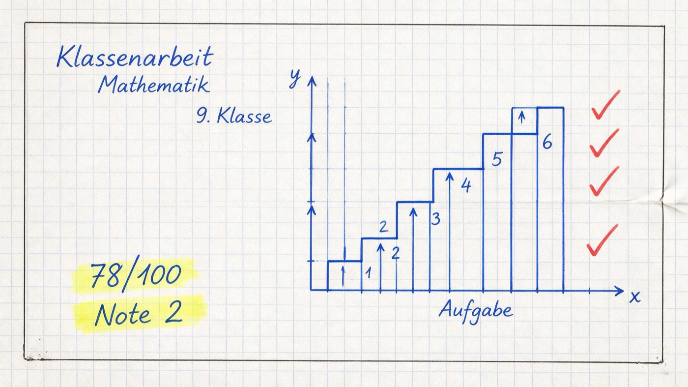 Matheheft-Illustration: Korrigierte Klassenarbeit mit Rotstift-Häkchen und Notentreppe von 1 bis 6, handschriftlich 78 von 100 und gelb markiert Note 2