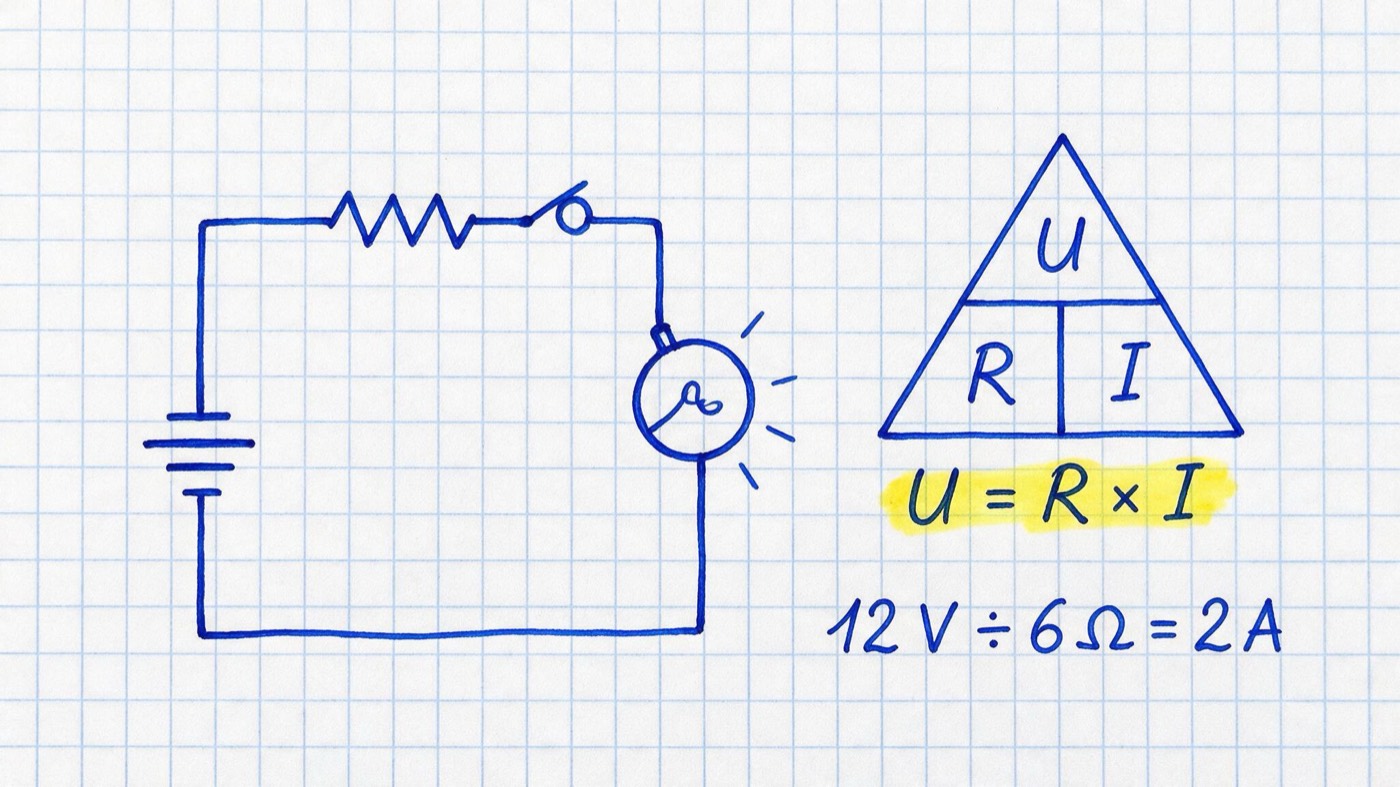 Matheheft-Illustration: Stromkreis aus Batterie, Widerstands-Zickzack und Glühlampe mit URI-Dreieck, Notizen „U = R × I“ (gelb markiert) und „12 V ÷ 6 Ω = 2 A“
