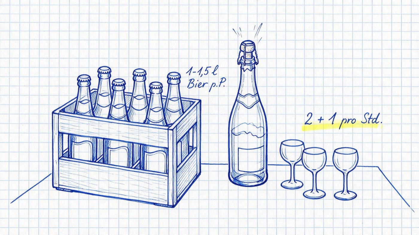 Matheheft-Illustration: Bierkiste, Weinglas und Sektflasche mit den Notizen 1-1,5 l Bier pro Person und gelb markiert 2 + 1 pro Stunde