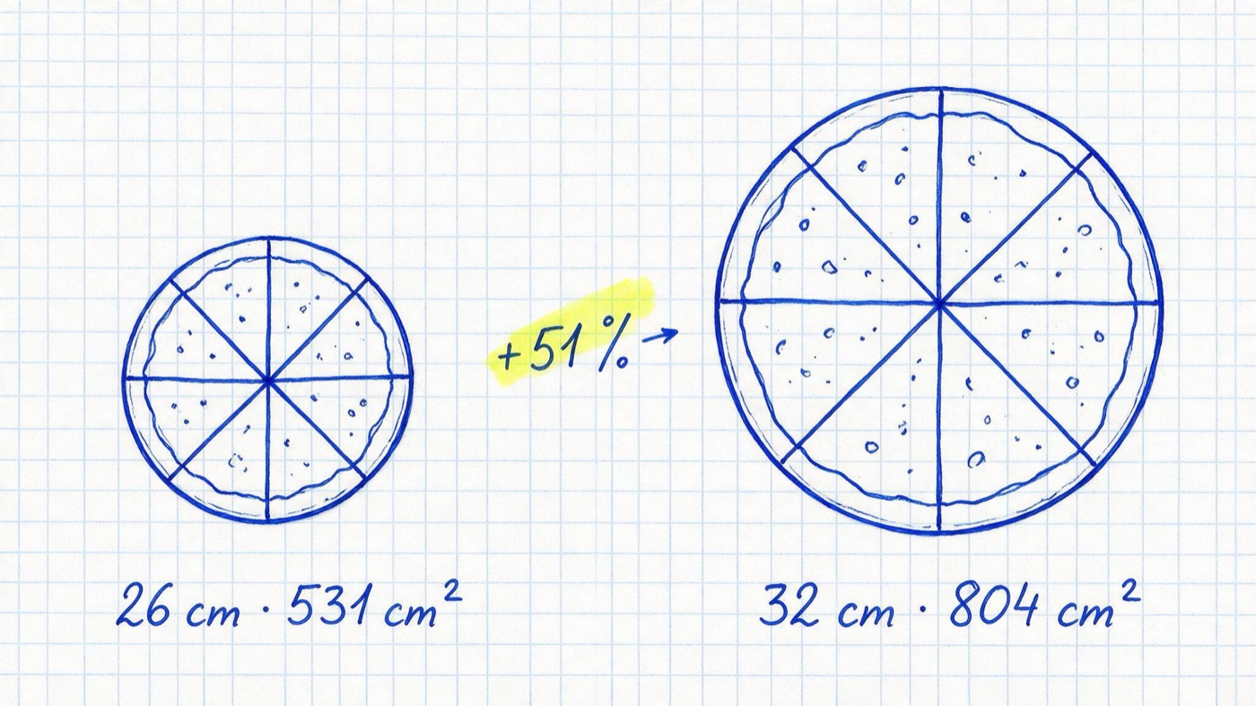 Matheheft-Illustration: zwei Pizzen im Größenvergleich – 26 cm mit 531 cm² und 32 cm mit 804 cm², dazwischen gelb markiert +51 %