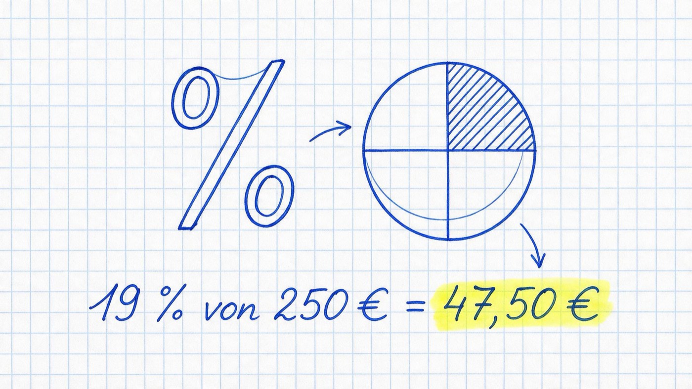 Matheheft-Illustration: großes Prozentzeichen, Kreisdiagramm mit schraffiertem Viertel und die gelb markierte Rechnung 19 % von 250 € = 47,50 €