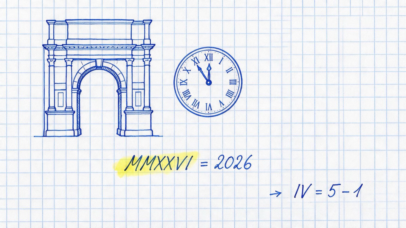 Matheheft-Illustration: Römischer Steinbogen und Zifferblatt mit römischen Ziffern, gelb markiert „MMXXVI = 2026“ und die Notiz „IV = 5 − 1“