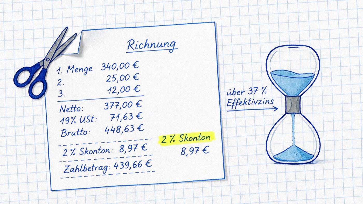 Matheheft-Illustration: Rechnung, von der eine Schere eine Ecke abschneidet, daneben eine Sanduhr in blauer Tinte auf kariertem Papier, gelb markiert 2 % Skonto und handschriftlich über 37 % Effektivzins