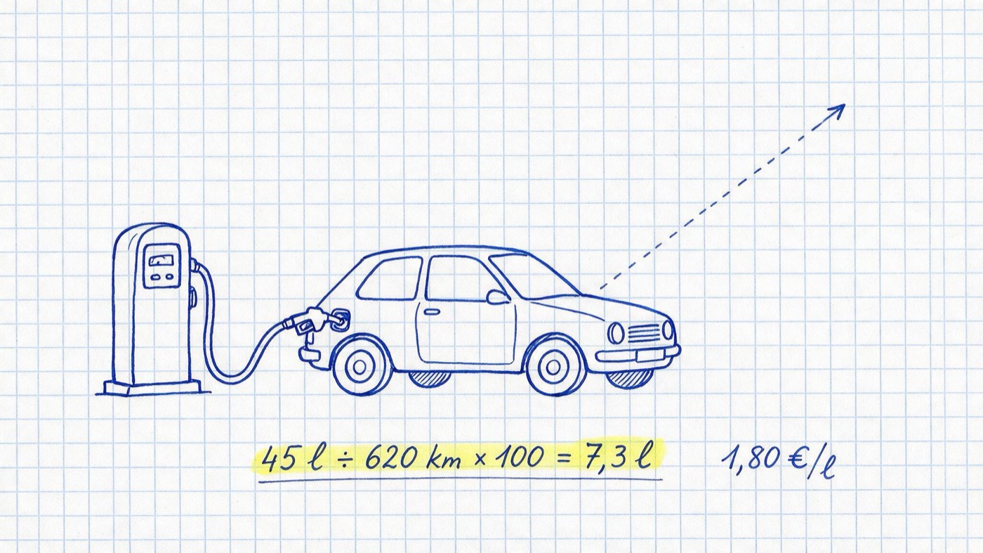 Matheheft-Illustration: Zapfsäule mit Schlauch neben einem Auto mit offener Tankklappe und Routenlinie, Notizen „45 l ÷ 620 km × 100 = 7,3 l“ (gelb markiert) und „1,80 €/l“