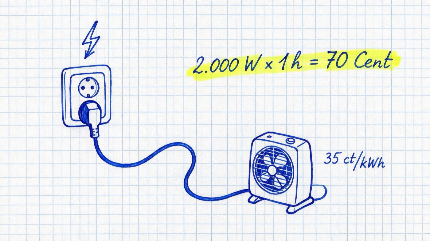 Matheheft-Illustration: Steckdose mit Kabel zu einem Heizlüfter und Blitzsymbol, Notizen „2.000 W × 1 h = 70 Cent“ (gelb markiert) und „35 ct/kWh“