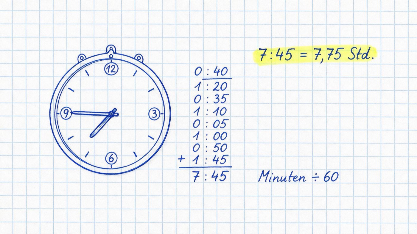 Matheheft-Illustration: Wanduhr neben einer summierten Spalte von Zeiteinträgen, dazu gelb markiert „7:45 = 7,75 Std.“ und die Notiz „Minuten ÷ 60“