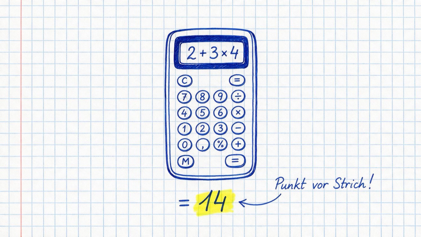 Matheheft-Illustration: gezeichneter Taschenrechner mit Display 2+3×4 und dem gelb markierten Ergebnis = 14, daneben die Notiz Punkt vor Strich