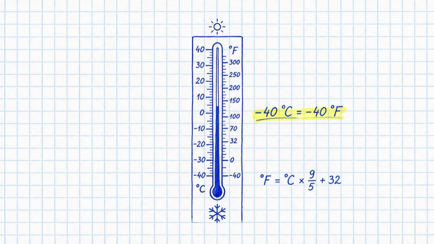 Matheheft-Illustration: Thermometer mit Schneeflocke und Sonne, Notizen „−40 °C = −40 °F“ (gelb markiert) und „°F = °C × 9/5 + 32“
