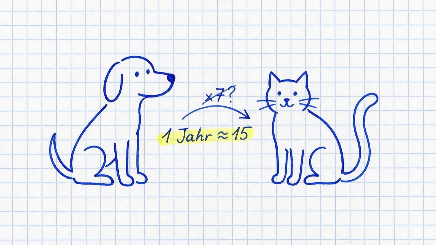 Matheheft-Illustration: Hund und Katze mit Alters-Zeitstrahl, durchgestrichenem „×7?“ und gelb markierter Notiz „1 Jahr ≈ 15“