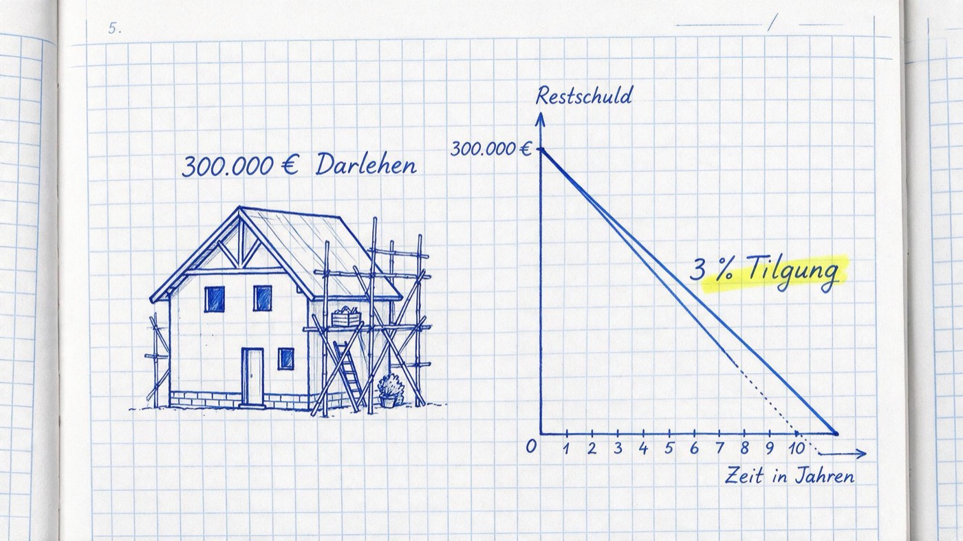 Matheheft-Illustration: Haus mit Baugerüst neben einer absteigenden Treppenkurve der Restschuld in blauer Tinte auf kariertem Papier, handschriftlich 300.000 € Darlehen notiert und gelb markiert 3 % Tilgung
