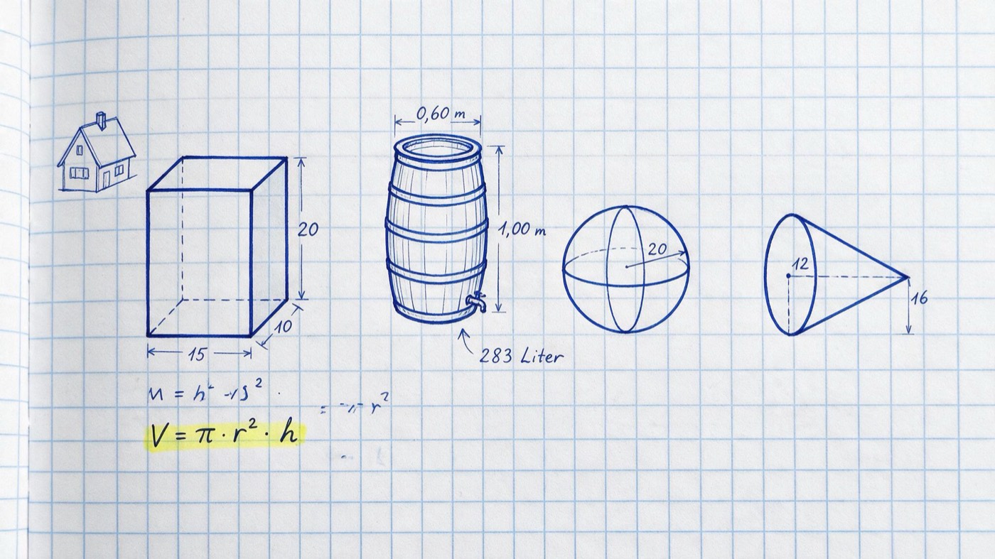 Matheheft-Illustration: Quader, Regenfass-Zylinder, Kugel und Kegel mit Maßlinien, die Notiz „283 Liter“ am Fass und gelb markiert die Formel „V = π · r² · h“
