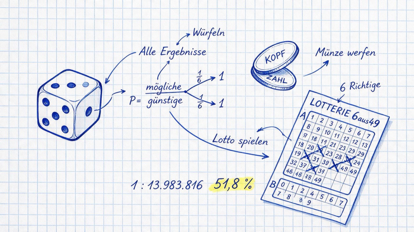 Matheheft-Illustration: Würfel, Münze und Lottoschein mit Wahrscheinlichkeitsbaum, handschriftlich 1 zu 13.983.816 und gelb markiert 51,8 %