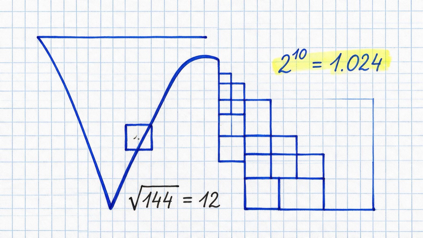 Matheheft-Illustration: Großes Wurzelzeichen über einer Quadratzahl und eine Treppe wachsender Quadrate, gelb markiert „2¹⁰ = 1.024“ und die Notiz „√144 = 12“