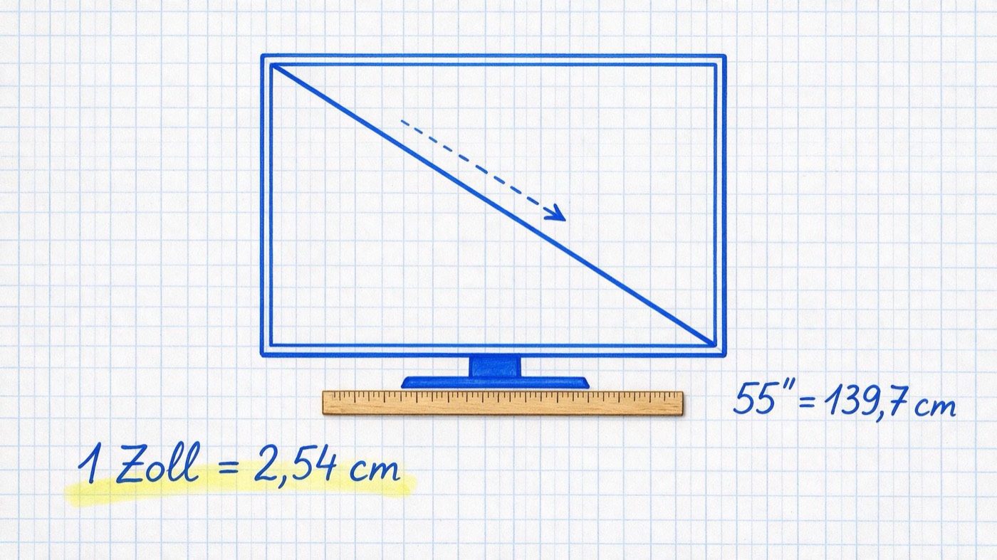 Matheheft-Illustration: Fernseher mit gestrichelter Diagonale und Lineal darunter, Notizen „1 Zoll = 2,54 cm“ (gelb markiert) und „55″ = 139,7 cm“